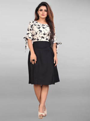Threadhunter Women Fit and Flare Beige, Black Knee Length Dress