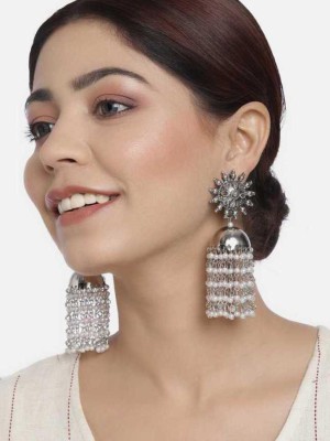 Rhosyn Party Wear Silver Traditional Earings with White Pearl Afghani Style Long Tassel Sun Shape Jhumka & Jhumki for Women & Girls Pearl Alloy, Metal Jhumki Earring
