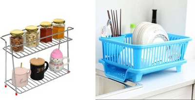 Value Adds Containers Kitchen Rack Plastic, Steel Present a combo pack of 2 Stainless Steel Spice 2-Tier Trolley Container Organizer Organiser/Basket for Boxes Utensils Dishes Plates for Home (Multipurpose Kitchen Storage Shelf Shelves Holder Stand Rack) & 3 in 1 Large Sink Set Dish Rack Drainer Dry