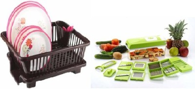Homedmart Dish Drainer Kitchen Rack Plastic Present a combo pack of Multi Purpose 12 in 1 Vegetable And Fruit Cutter Greter Slicer Dicer For Kitchen Use Vegetable & Fruit Chopper (12 IN 1 NICER DISER). & 3 In 1 Drain Basket with Utensil Holder And Tray Dish Drainer