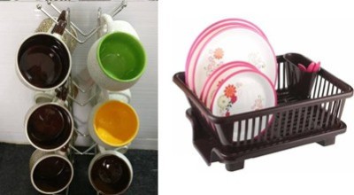 Somkala Containers Kitchen Rack Plastic, Steel Present a combo pack of 3 In 1 Drain Basket with Utensil Holder And Tray Dish Drainer & Stainless Steel Cup Stand Coffee/Tea Cup Holder For Modular Kitchen Mug Stand Kitchen Rack Rust Free Steel Cup Holder 12 Hook Hanger V Shape Cup Stand .