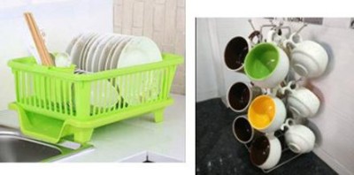 Homedmart Containers Kitchen Rack Steel, Plastic Present a combo pack of 3 In 1 Drain Basket with Utensil Holder And Tray Dish Drainer & Stainless Steel Cup Stand Coffee/Tea Cup Holder For Modular Kitchen Mug Stand Kitchen Rack Rust Free Steel Cup Holder 12 Hook Hanger V Shape Cup Stand .