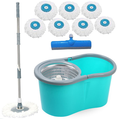 V-MOP Premium Classic Steel Dry Magic Spin Bucket Mop Set With 7 Microfiber Refills + 1 Floor Wiper Wet & Dry Mop(Multicolor)