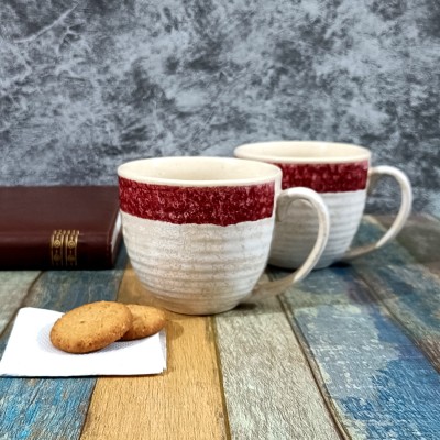 ARDVAN INDIA Coffee Soup Teas Cups Set of 2 Without Spoons Studio Pottery Ceramic (Cream - Red, 300 ml Each) | Tea | Hand Glazed | Special Rare Edition | Perfect for Gifting Ceramic Coffee Mug(300 ml, Pack of 2)