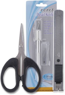 FRKB 3pc Craft Cutting Tools Set of Detail Pen Knife 18mm Steel Cutter & Small Scissor Plastic Grip Hand-held Paper Cutter(Set Of 1, Black, Blue)