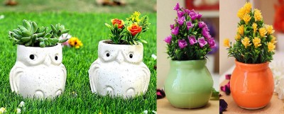 Jimkia Ceramic Plant Container, 2 Matka Pot & 2 Owl Planter, (Multicolor) (Only Pot) Plant Container Set(Pack of 4, Ceramic)