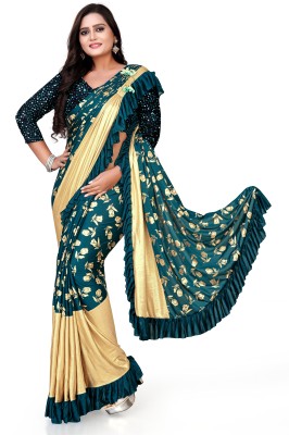 PANETAR Floral Print Bollywood Silk Blend Saree(Gold, Blue)