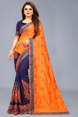 NETRA BOUTIQUE Embroidered, Solid/Plain Bollywood Silk Blend, Art Silk Saree(Orange)