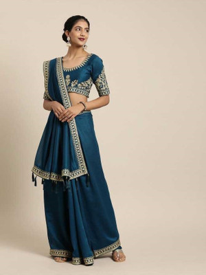 Indian Tulip Embroidered Bollywood Chiffon Saree(Blue)