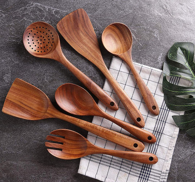 TFS Wooden Spoons for Nonstick Cookware Wooden Spatula(Pack of 6)