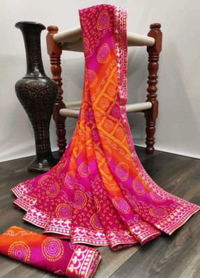 Kanooda Prints Printed Bandhani Georgette Saree(Multicolor)