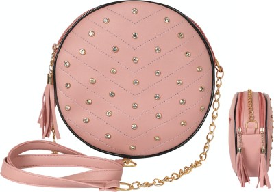 Pramadda Pure Luxury Pink Sling Bag Stylish Studded Round Vegan Leather Sling Bags for Women | Shoulder Handbag Purse for Daily Use Essentials | Pretty Luxury Products For Women | Chain Sling Bags | Cute bags for girls | purses for girls | round sling bags for women | purse ladies purse party wear t