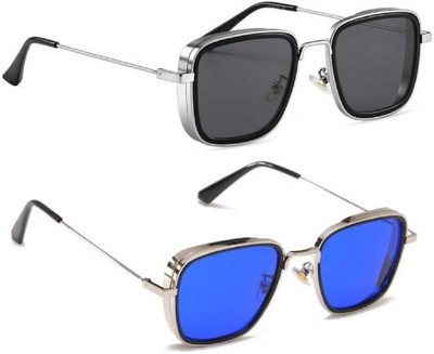 shadz Rectangular, Retro Square Sunglasses(For Men & Women, Grey, Blue)