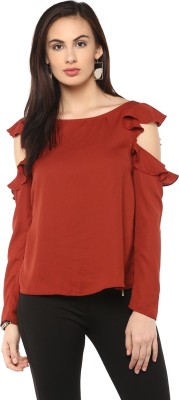 KAZO Casual Cold Shoulder Solid Women Maroon Top