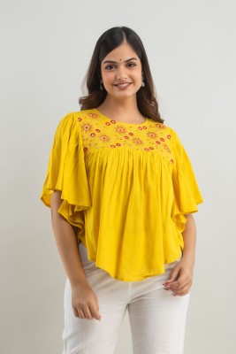 Burundi Blu Casual Embroidered Women Yellow Top