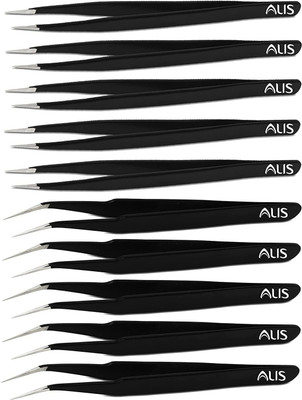 alis Set of 10 Non Magnetic ESD Safe Black Coated Tweezers - 5 Straight & 5 Curved (Black Coated Tweezers)