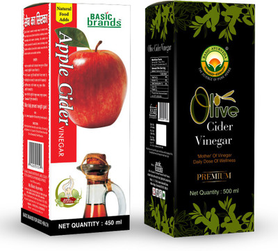 Basic Ayurveda Apple Cider Vinegar 450 ml + Olive Vinegar 500 ml | Mother Of Vinegar | Daily Dose Of Wellness Vinegar(2 x 500 ml)