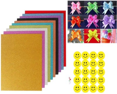 imtion 3 in 1 Craft ( 35 Pcs Smile emoji sticker + 10 Pcs a4 Glitter sheet + 20 Pcs Gift flower ribbon ) craft decoration material