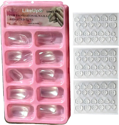 LikeUp New Gorgeous 100Pic transparent Reusable Artificial Nail Tips Best False Nails with 3 sheet nail tab sticker Transparent(Pack of 100)