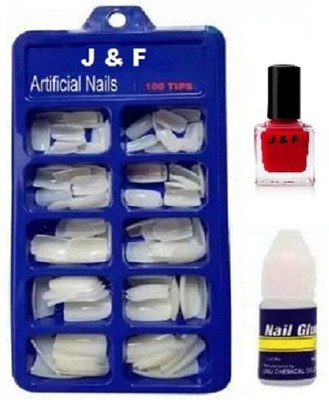J & F Artificial Empress Curve Fake 100 Nails with glue And Red Nail Polish (White 100 Nails )(Pack of 100)