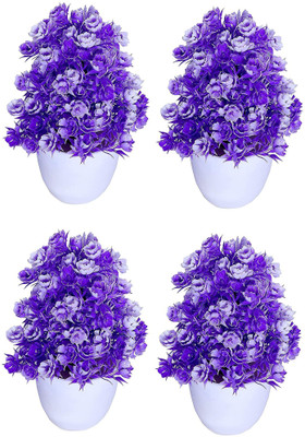 PUHUHP Set of 4 Beautiful Mini Flower Plants with Pot for Home Decor Flower Basket Bonsai Wild Artificial Plant  with Pot(8 cm, Purple)