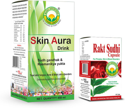 Basic Ayurveda Skin Aura Drink Sudh Gandhak & Rasmanikya Yukta 450 Ml + Rakt Sudhi 40 Capsules(450 ml, 40 Capsules)