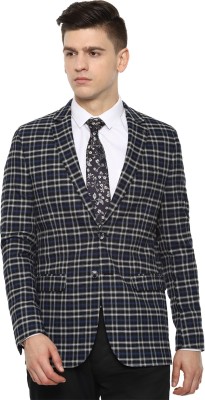 VAN HEUSEN Checkered Single Breasted Formal Men Blazer(Dark Blue)