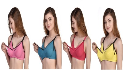 Desiprime Poly Cotton B Cup Feeding Bra Set of 4 Women Maternity/Nursing Non Padded Bra(Pink, Yellow, Red, Blue)