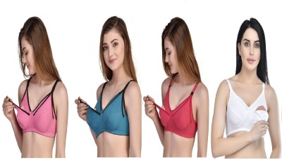 Desiprime Poly Cotton B Cup Feeding Bra Set of 4 Women Maternity/Nursing Non Padded Bra(Pink, Green, Red, White)