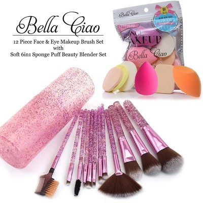 Bella Ciao 12 Pcs Pink Face & Eye Makeup Brush Set With Box + 6in1 Makeup Sponge Puff Pack(Pack of 18)