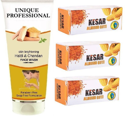 UNIQUE PROFESSIONAL HALDI CHANDAN FACE WASH 100 ML + KESAR ALMOND GOTI FAIRNESS FACIAL 25 GR PACK OF 3(4 Items in the set) UNIQUE PROFESSIONAL HALDI CHANDAN FACE WASH 100 ML + KESAR ALMOND GOTI FAIRNESS FACIAL 25 GR PACK OF 3(4 Items in the set)