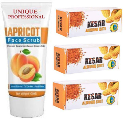 UNIQUE PROFESSIONAL APRICOT FACE SCRUB FACE WASH 100 ML + KESAR ALMOND GOTI FAIRNESS FACIAL 25 GR PACK OF 3(4 Items in the set) UNIQUE PROFESSIONAL APRICOT FACE SCRUB FACE WASH 100 ML + KESAR ALMOND GOTI FAIRNESS FACIAL 25 GR PACK OF 3(4 Items in the set)