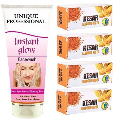 UNIQUE PROFESSIONAL INSTANT GLOW FACE WASH 100 ML + KESAR ALMOND GOTI FAIRNESS FACIAL 25 GR PACK OF 4(5 Items in the set) UNIQUE PROFESSIONAL INSTANT GLOW FACE WASH 100 ML + KESAR ALMOND GOTI FAIRNESS FACIAL 25 GR PACK OF 4(5 Items in the set)