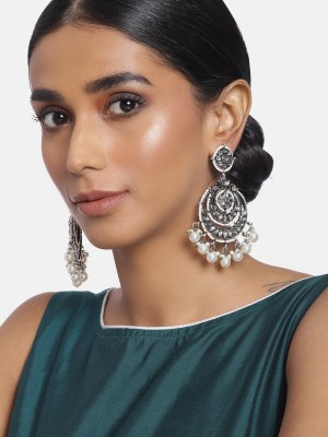 I Jewels 18K Silver Oxidised Beaded Chandbali Earrings Glided With Kundans & Pearls Alloy Chandbali Earring