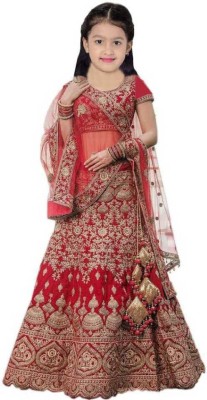 The Fashion Prime Girls Lehenga Choli Ethnic Wear Embroidered Lehenga, Choli and Dupatta Set(Red, Pack of 1)