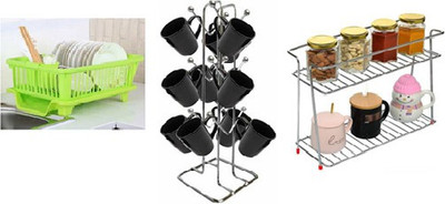 Value Adds Containers Kitchen Rack Plastic, Steel Present a combo pack of 3 In 1 Drain Basket with Utensil Holder And Tray Dish Drainer + Stainless Steel 2-Tier Spice Rack Container Organizer/Basket for Boxes Utensils Dishes Plates for Home and Kitchen & Silver V shape cup stand