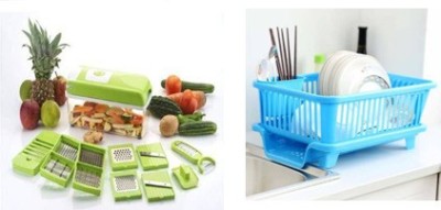 Somkala Dish Drainer Kitchen Rack Plastic Present a combo pack of Multi Purpose 12 in 1 Vegetable And Fruit Cutter Greter Slicer Dicer For Kitchen Use Vegetable & Fruit Chopper (12 IN 1 NICER DISER). & 3 In 1 Drain Basket with Utensil Holder And Tray Dish Drainer