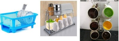 Somkala Containers Kitchen Rack Plastic, Steel Present a combo pack of 3 In 1 Drain Basket with Utensil Holder And Tray Dish Drainer + Stainless Steel 2-Tier Spice Rack Container Organizer/Basket for Boxes Utensils Dishes Plates for Home and Kitchen & Silver V shape cup stand