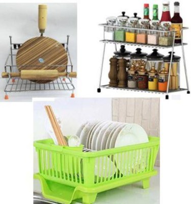 Somkala Containers Kitchen Rack Plastic, Steel Present a combo pack of 3 In 1 Drain Basket with Utensil Holder And Tray Dish Drainer + Stainless Steel 2-Tier Spice Rack Container Organizer/Basket for Boxes Utensils Dishes Plates for Home and Kitchen & Stainless Steel 4 in 1 Chakla/ Belan / Tawa / Ch