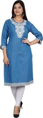 Hi Fashion Women Embroidered Straight Kurta(Blue)