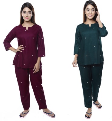 Anukriti Women Embroidered Maroon, Dark Green Top & Pyjama Set