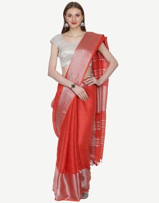 Queensider Self Design Handloom Linen Saree(Red)