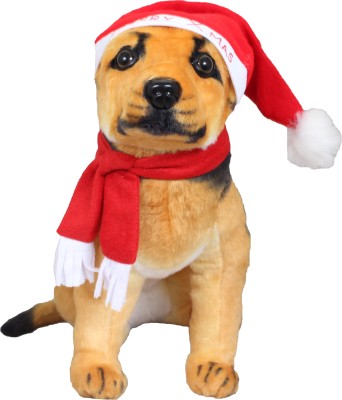 Tickles Soft Stuffed Plush Animal German Shephard Dog With Christmas Santa Cap And Muffler Toy For Kids Room Home Decorations  - 44 cm(Brown)