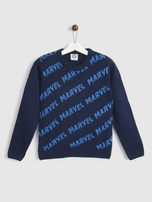 YK Marvel Woven Round Neck Casual Boys Dark Blue Sweater