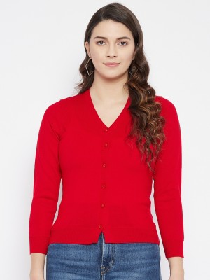 Zigo Solid V Neck Casual Women Red Sweater