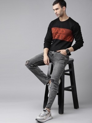 Roadster Striped Round Neck Casual Men Black, Orange Sweater