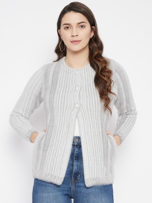 Zigo Striped Round Neck Casual Women Grey Sweater
