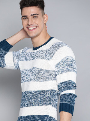Mast & Harbour Striped Round Neck Casual Men White Sweater
