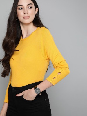 HARVARD Solid Round Neck Casual Women Yellow Sweater