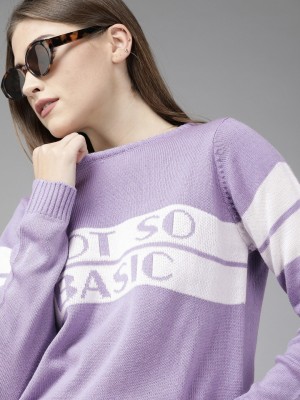 Roadster Self Design Round Neck Casual Women Purple Sweater